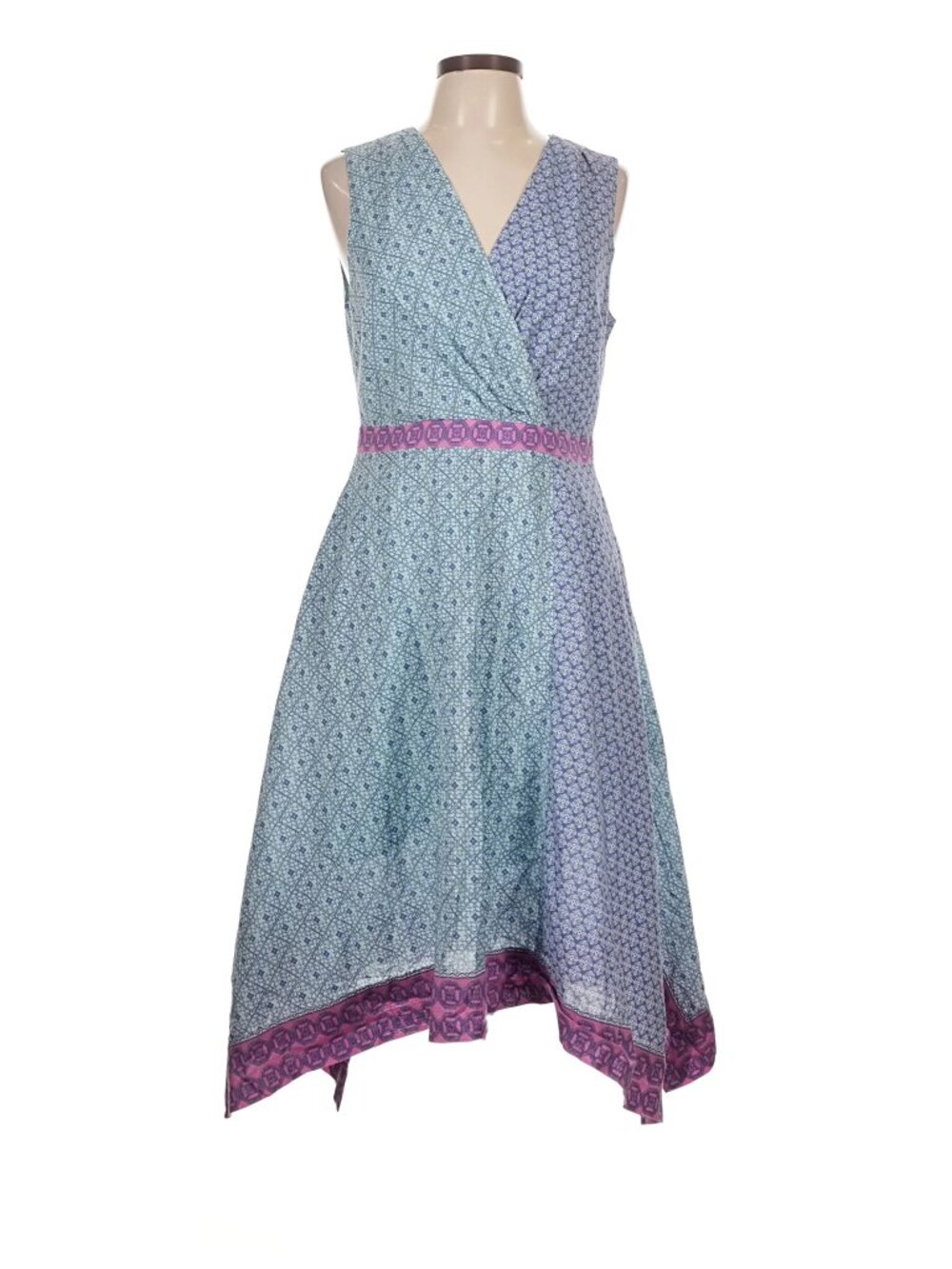 Garnet Hill Light Blue and Lavender Printed V‑Neck Midi Dress